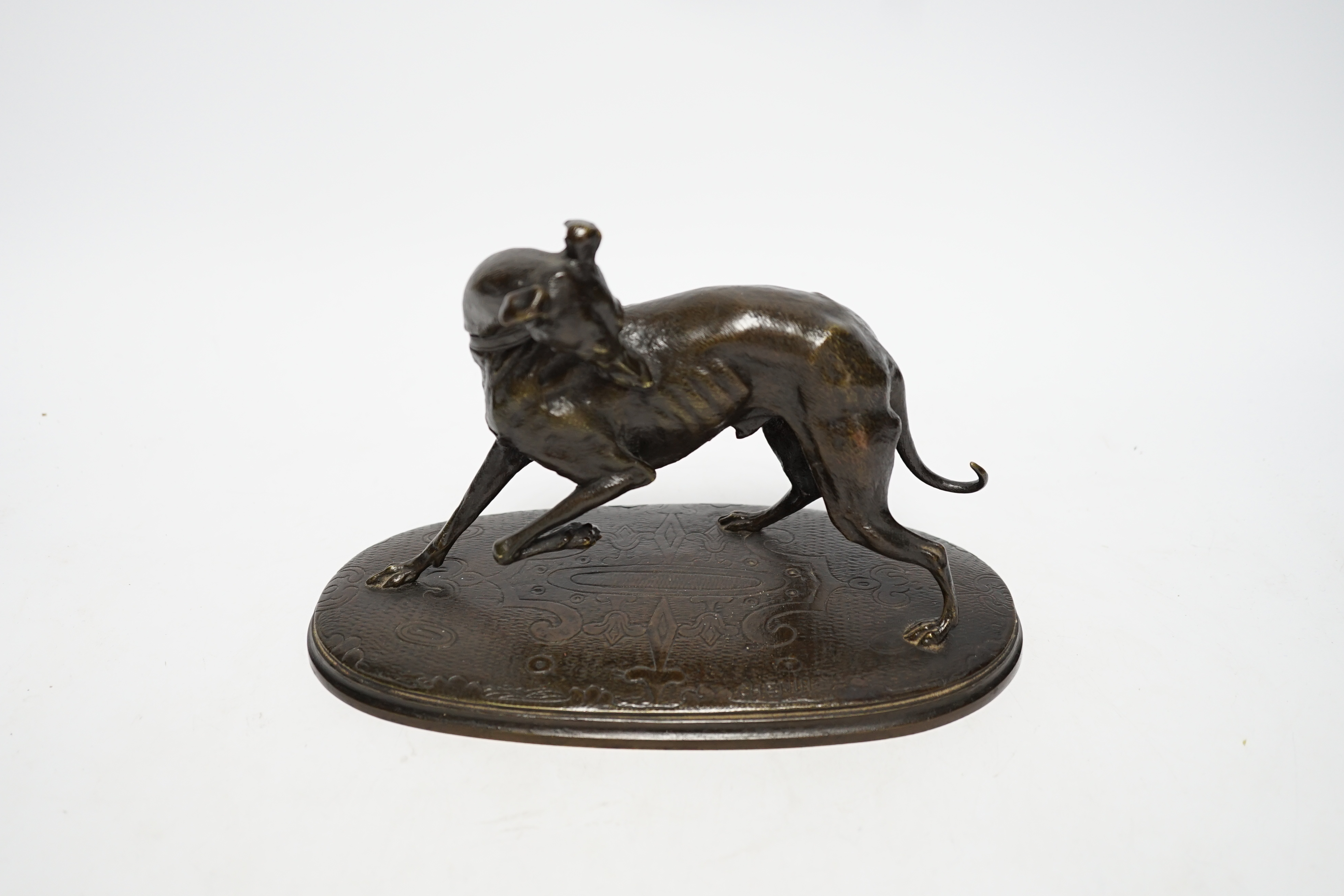 After Joseph Francois Chemin (1825-1901), a bronze study of a whippet, 21cm wide